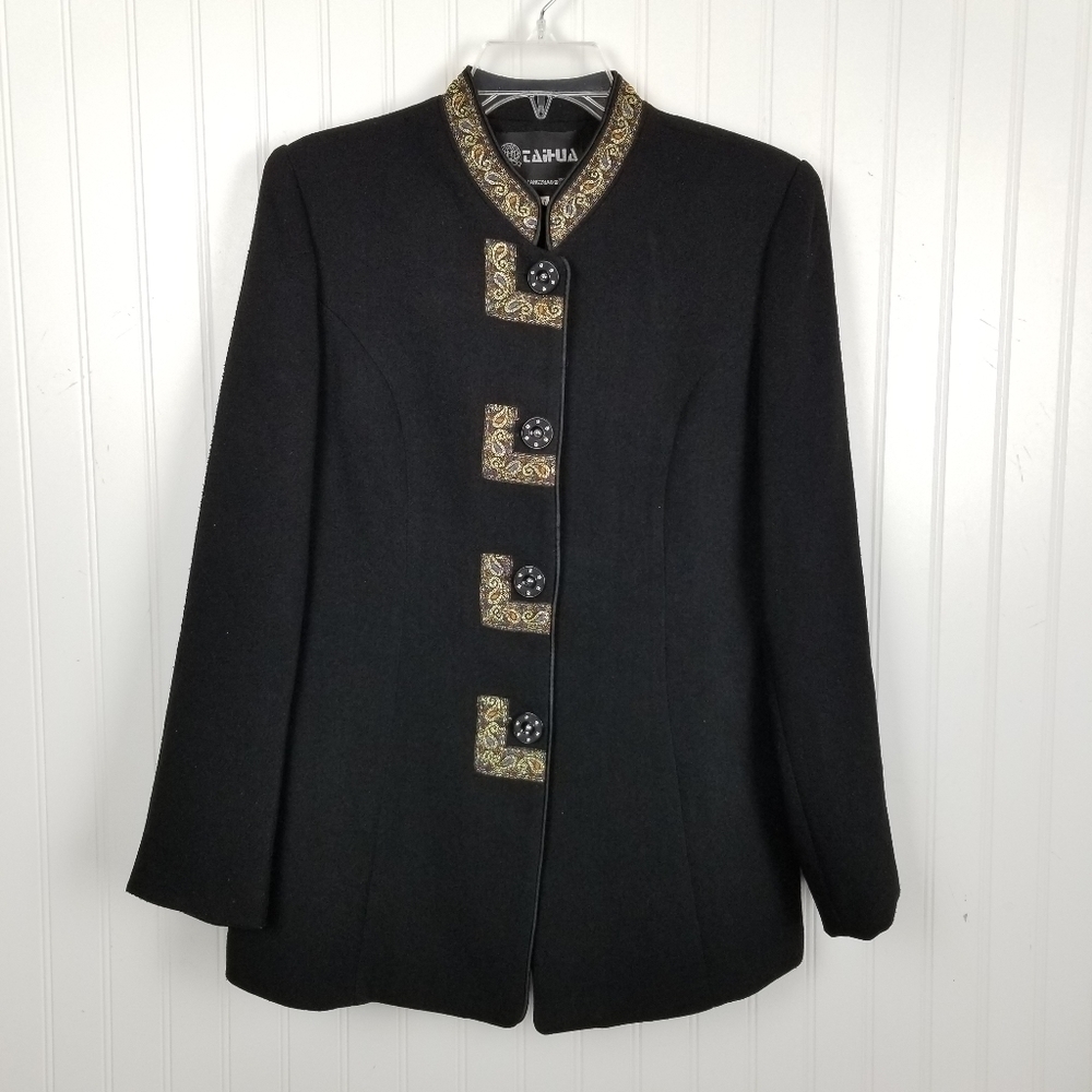 Blazer Linen Wool Cashmere Black Paisley Button Lined Military Jacket Mobwife - Picture 10 of 10